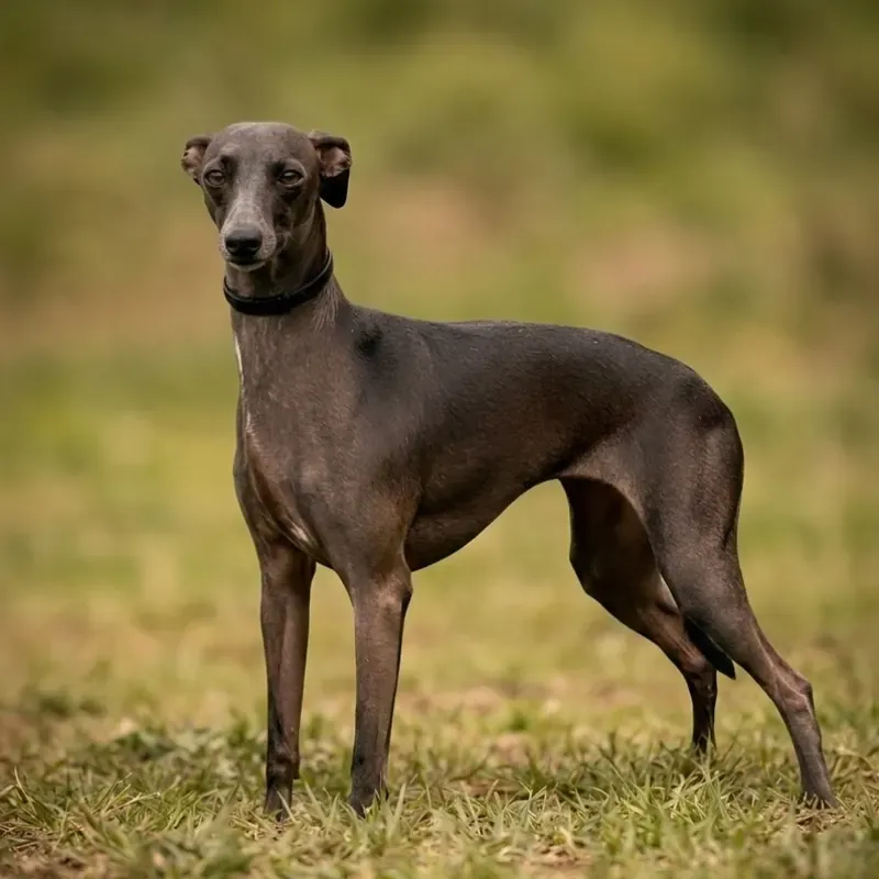 Galgo italiano gris de pie sobre la hierba